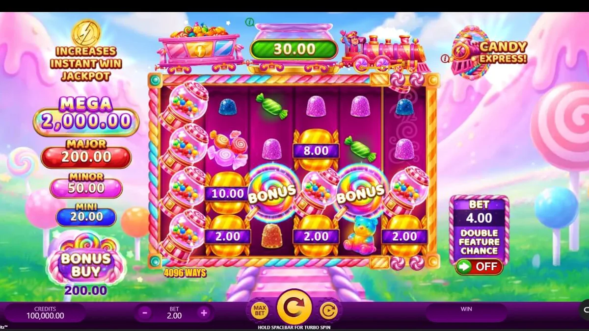 Makulay na disenyo ng Candy Express Gold Blitz slot na may mga kendi at tren.