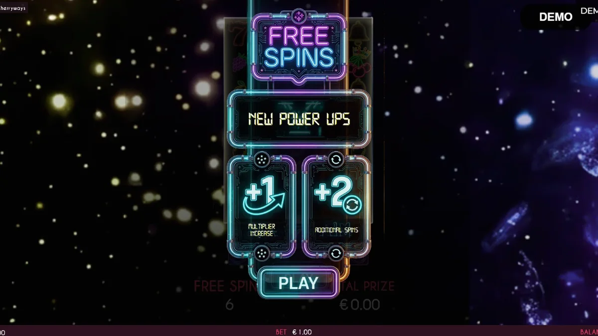Isang makulay na neon na slot machine na may mga prutas at futuristic na disenyo.
