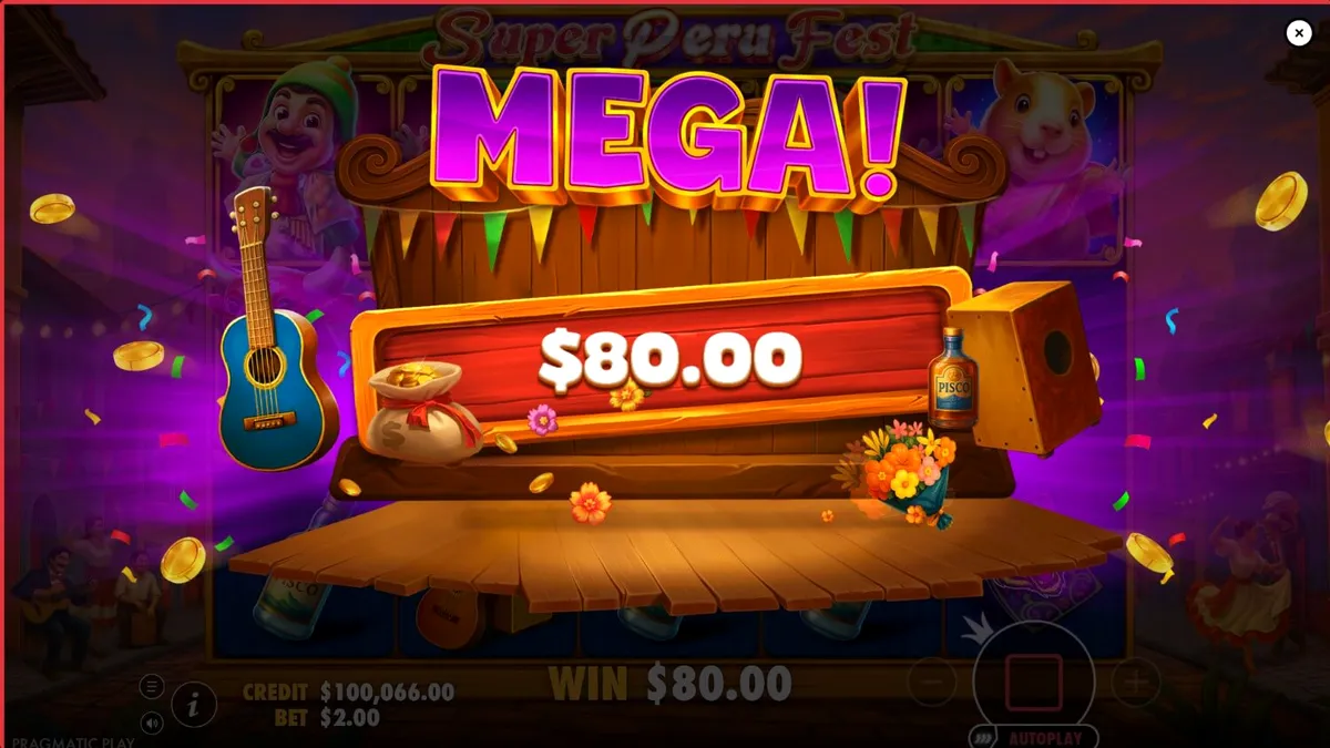 Makulay na disenyo ng Super Peru Fest slot na nagpapakita ng mga simbolo ng fiesta
