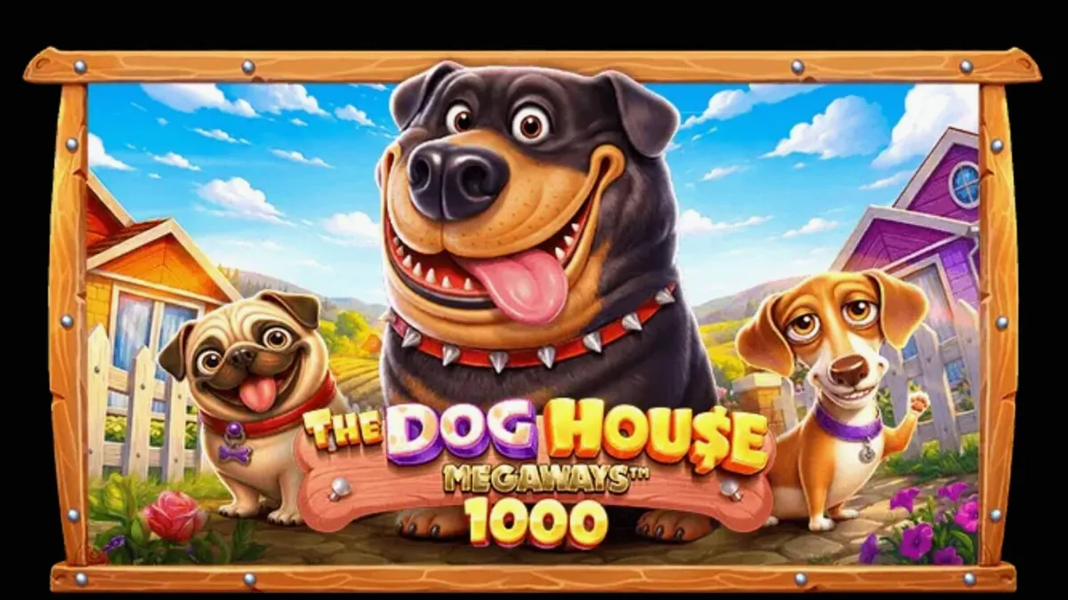 The Dog House Megaways 1000 slot game screen featuring playful dogs and countryside theme